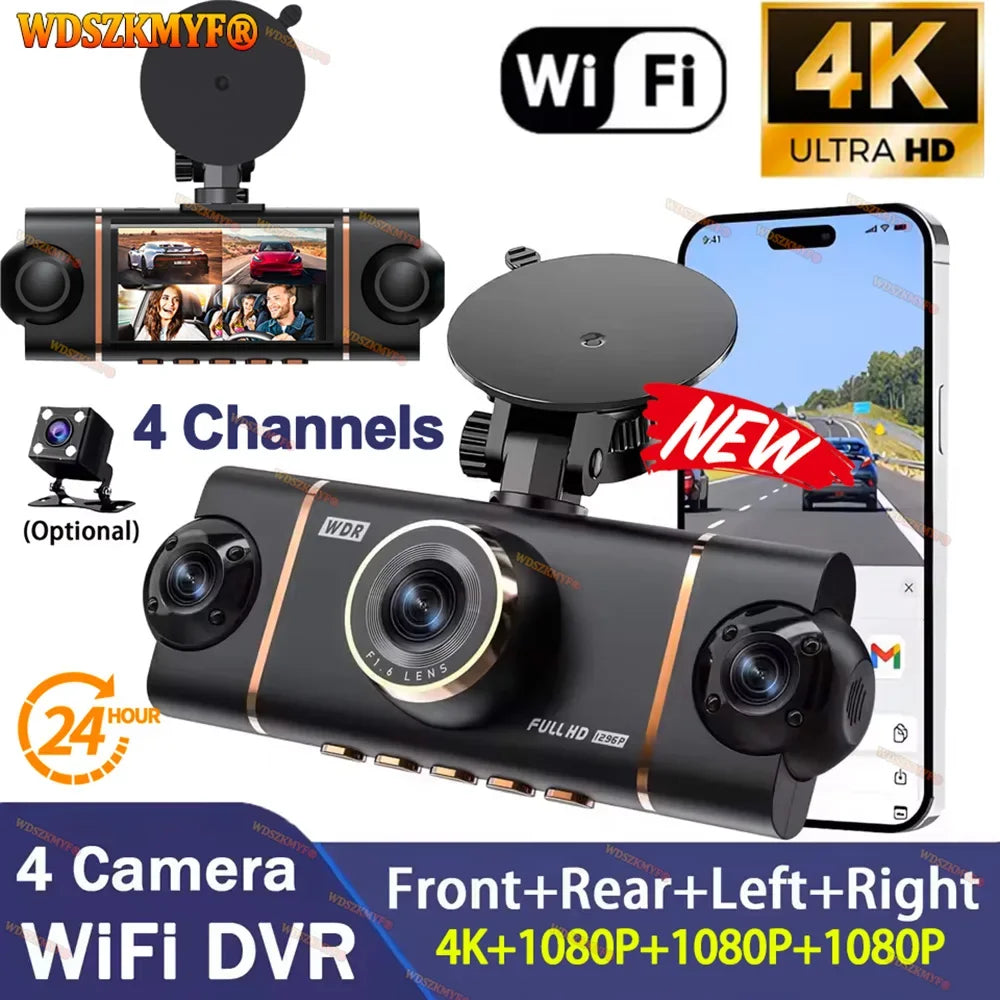 New 4CH Car DVR UHD 4K 1080P Car Dash Cam 360°  WIFI APP Video Recorder Front With Rear View Night Vision 4K Black Box