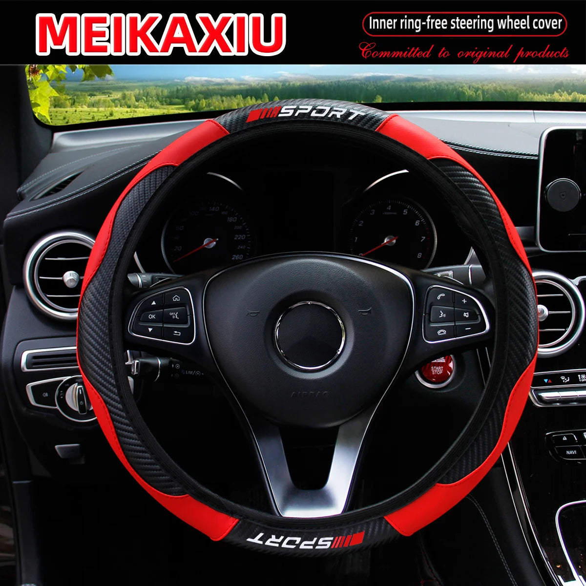 Red Carbon Fiber Stretchable Sports Style Steering Wheel Cover Car Interior Accessory for Women Free SPORRT Car Inner Tube