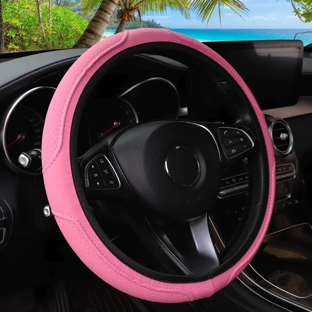 PU Leather Embossed Steering Wheel Cover 14.5-15 Inch round Rimless Design for All Seasons Men Women Cars CM World
