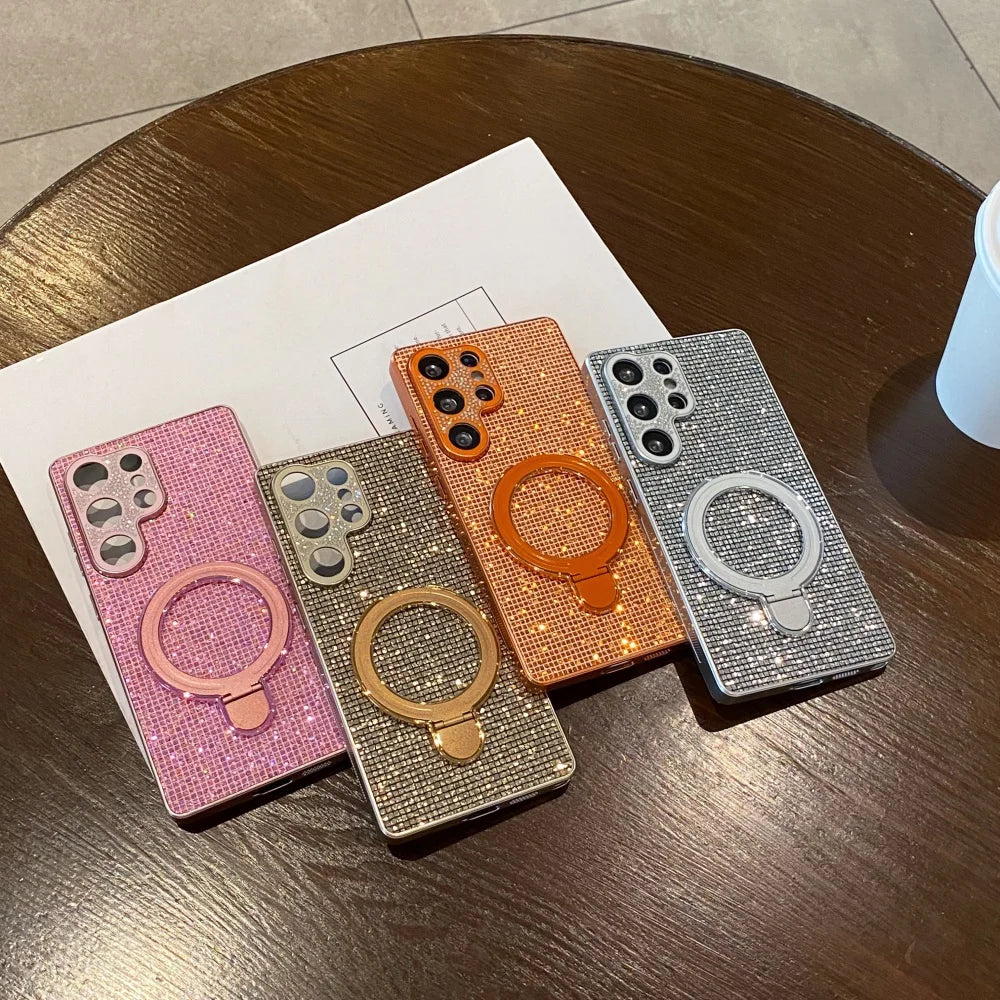 Luxury Bling Diamonds Lens with Bracket Case for Samsung Galaxy S26 S25 S24 S23 Ultra Plus FE A57 A07 A56 Full Protection Cover