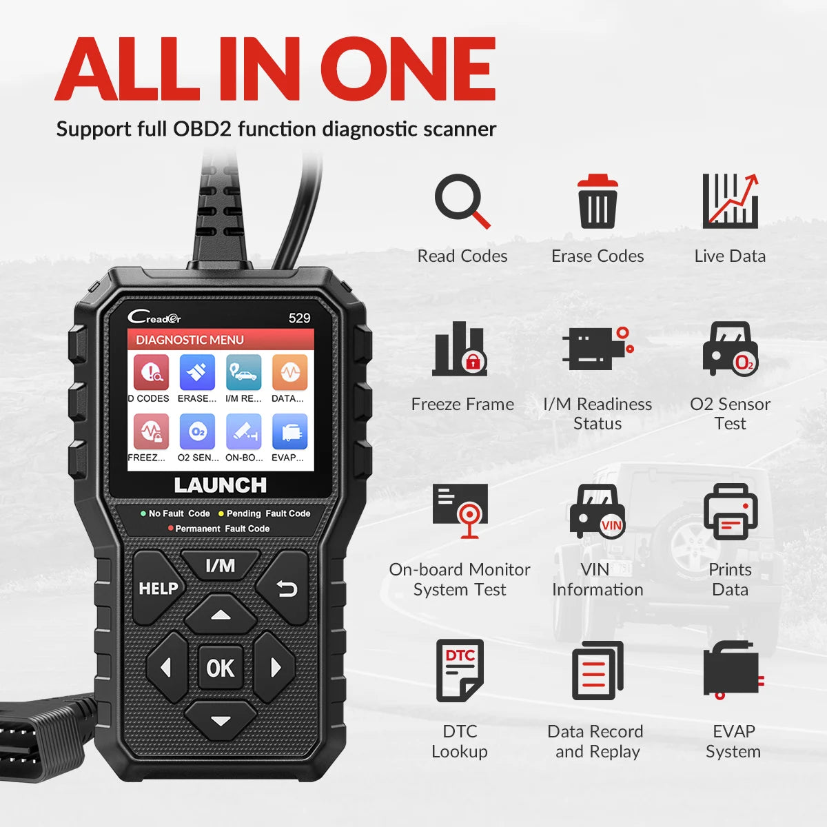 LAUNCH Creader 529 CR529 Automotive OBDII Scanner Car Diagnostic Tools Engine Check OBDII Scan Tools Launch Obd2 Scanner X431 Car Mobile World