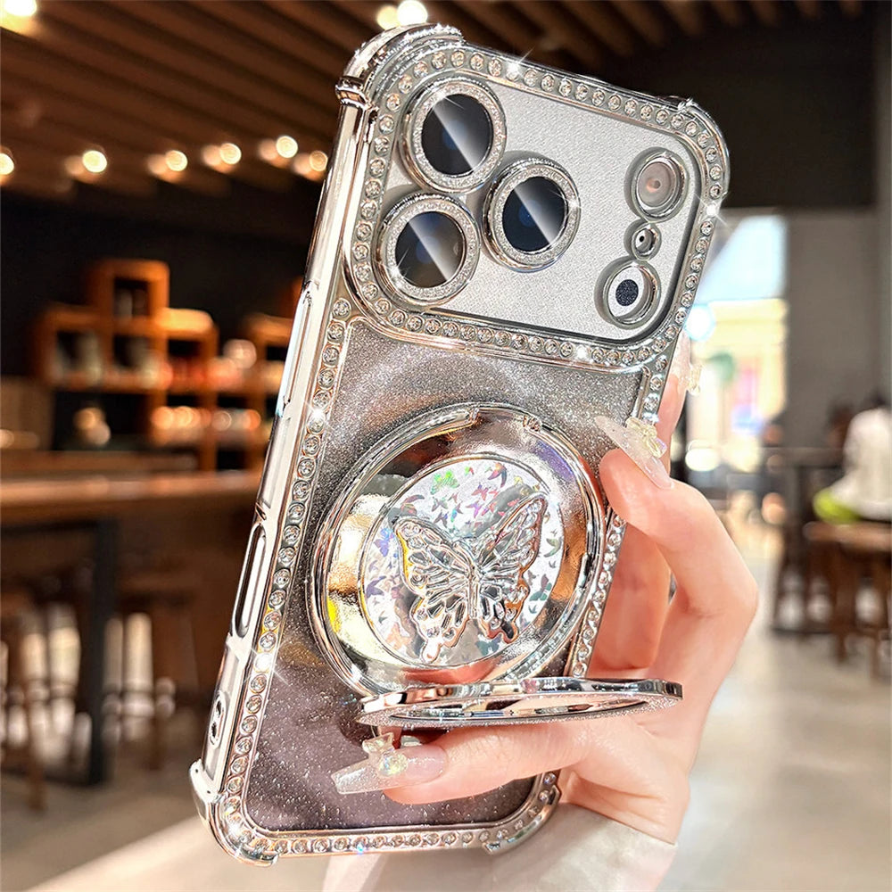 Rhinestone Lens Butterfly Bracket Glitter Phone Case for iPhone 17 16 Pro Max 15 14 13 Diamond Gradient Bling Shockproof Cover