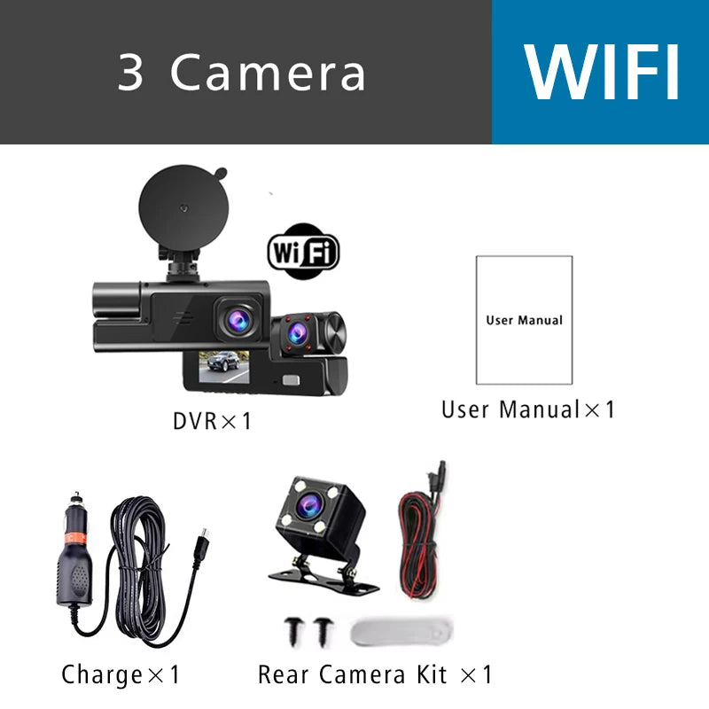 Car WiFi Dash Cam 3 Cameras FHD 1080P Video Recorder 3 Channel Front Rear View Night Vision Black Box DVR for Vehicle Safety