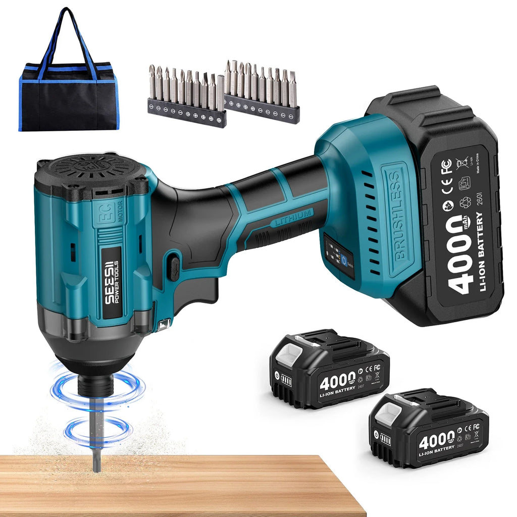 Seesii S531 Cordless Impact Driver Kit 21V Max Torque 1590 In-lbs(180 N.m) Impact Driver Set with Two 2.0 Ah Batteries 1/4" Hex Chuck Power Impact Driver w/ 20 Pcs Drill Bits 0-2500 RPM Variable Speed