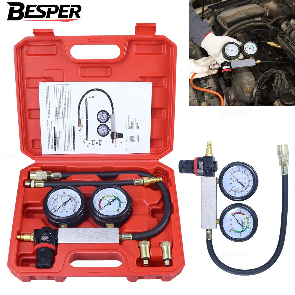 Cylinder Leak Down Tester Kit, Engine Cylinder Leakage Detector Dual Pressure Gauges 0‑40PSI, Compression Leak Test Tool for Car Truck Petrol Engine, with Quick Connect Fittings for Piston Ring, Valve, Head Gasket