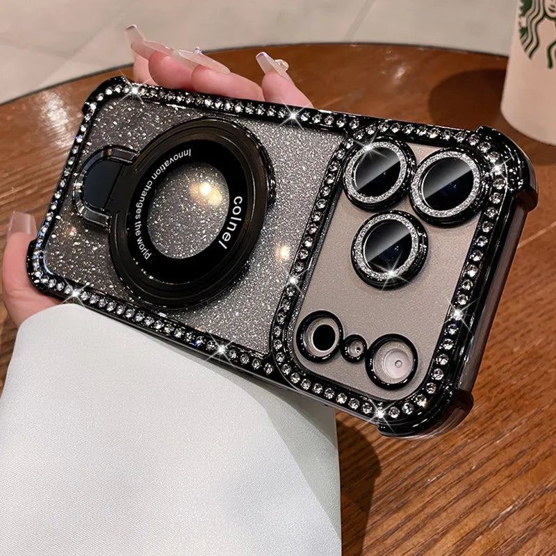 for Magsafe Bracket Case for iPhone 17 16 15 14 13 Pro Max Stand Holder Luxury Girl's Bling Diamond Bumper Camera Soft TPU Cover