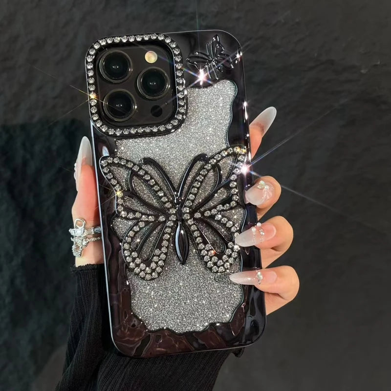 Luxury Soft Butterfly Diamond Phone Case For iPhone 11 12 13 14 15 16 17 Pro Max Plus Air Glitter Bumper Back Cases Cover