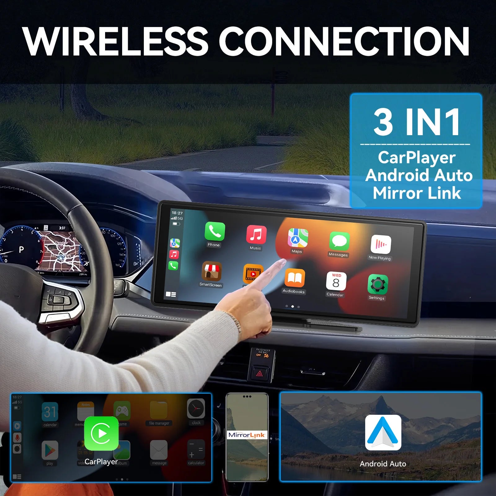 Universal Portable Carplay for Car Screen, Wireless Carplay Screen Wireless Car Stereo with Carplay Android Auto, Car Touchscree CM World