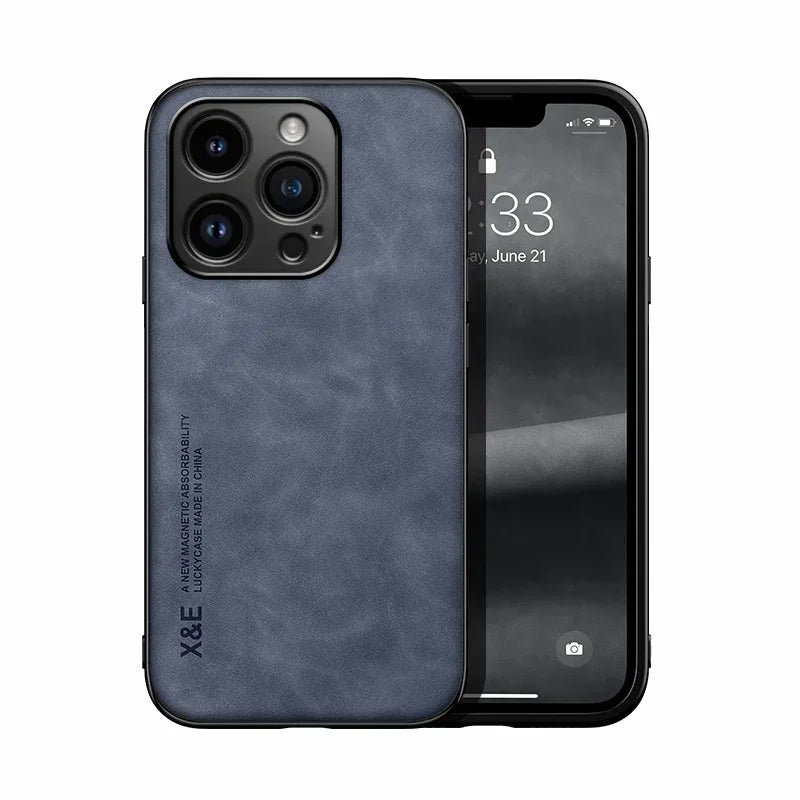 Luxury Leather Case For iPhone 17 16 16e 15 14 13 12 11 Pro Max Plus 12 13 Mini SE 8 7 Cover With Metal Plate Support Car Hold Car Mobile World