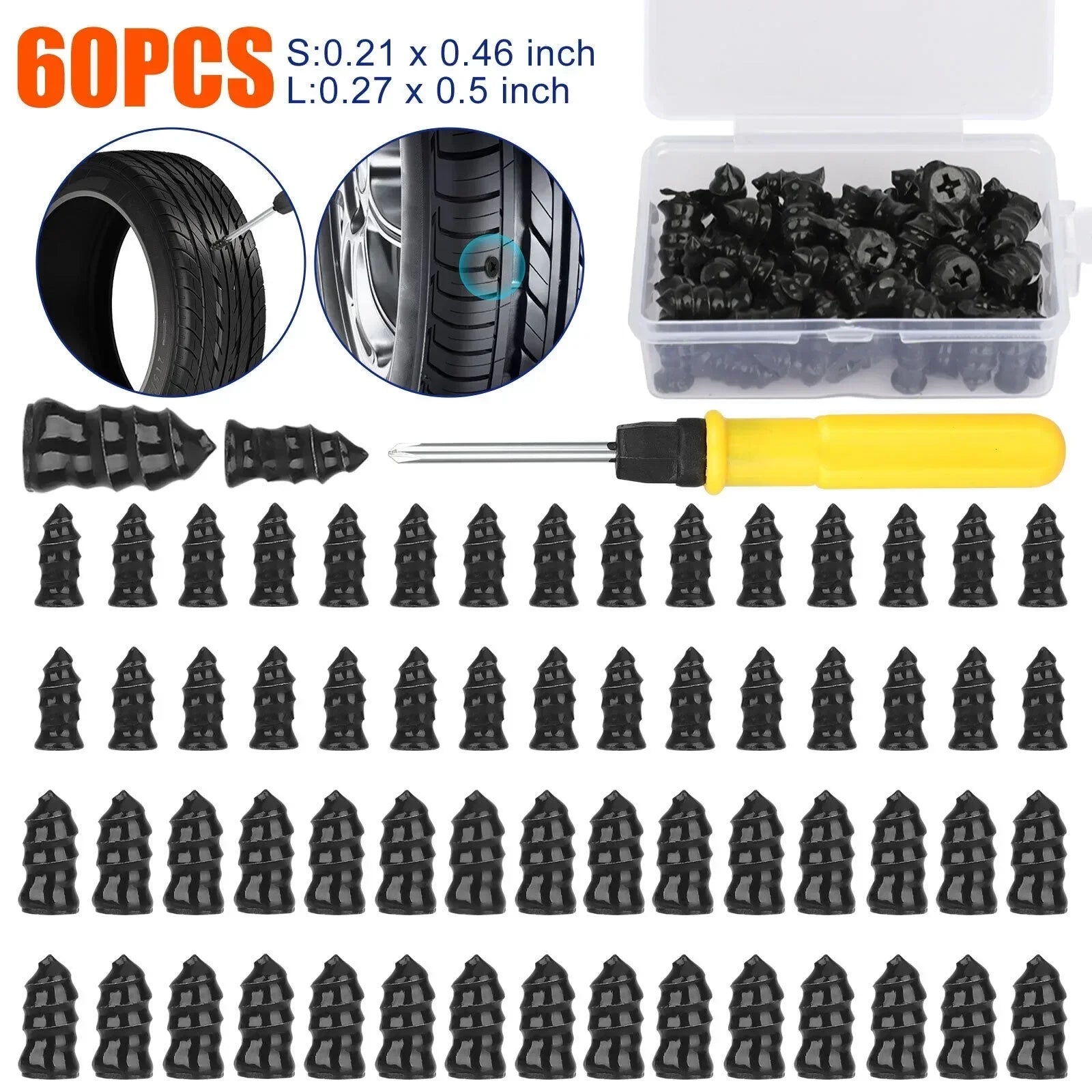 61x Car Tubeless Vacuum Tyre Puncture Repair Kit Screw Nails Tire Patch Plug Fix Tools With Screwdriver & Convenient Storage Box CM World