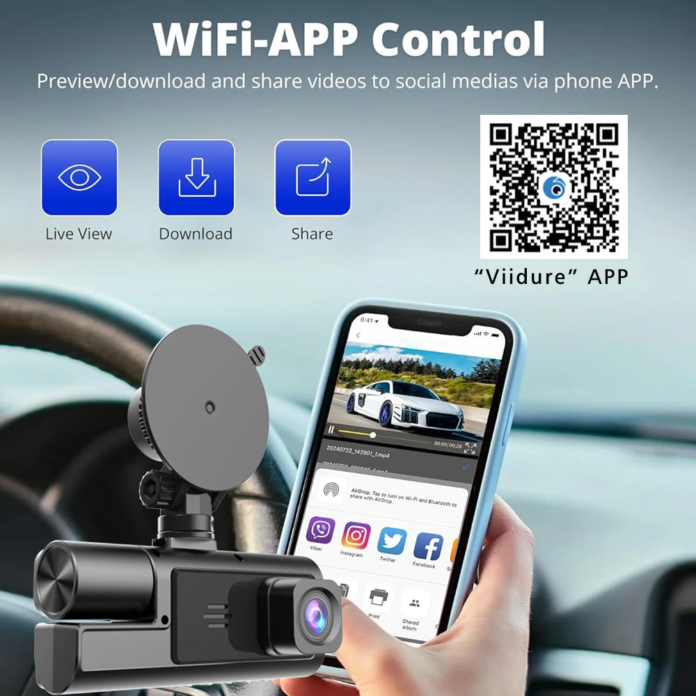Car WiFi Dash Cam 3 Cameras FHD 1080P Video Recorder 3 Channel Front Rear View Night Vision Black Box DVR for Vehicle Safety