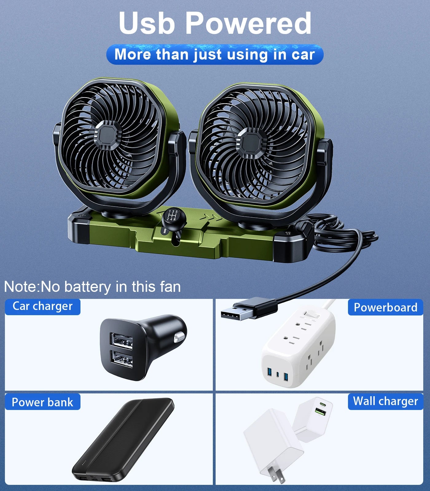 Hipacool 5V/12V/24V Car Dual-Head Fan 2 Speeds Wind 360° Rotatable Vehicle Cooling Fan USB Cigarette Lighter Fan Summer Cooler CM World