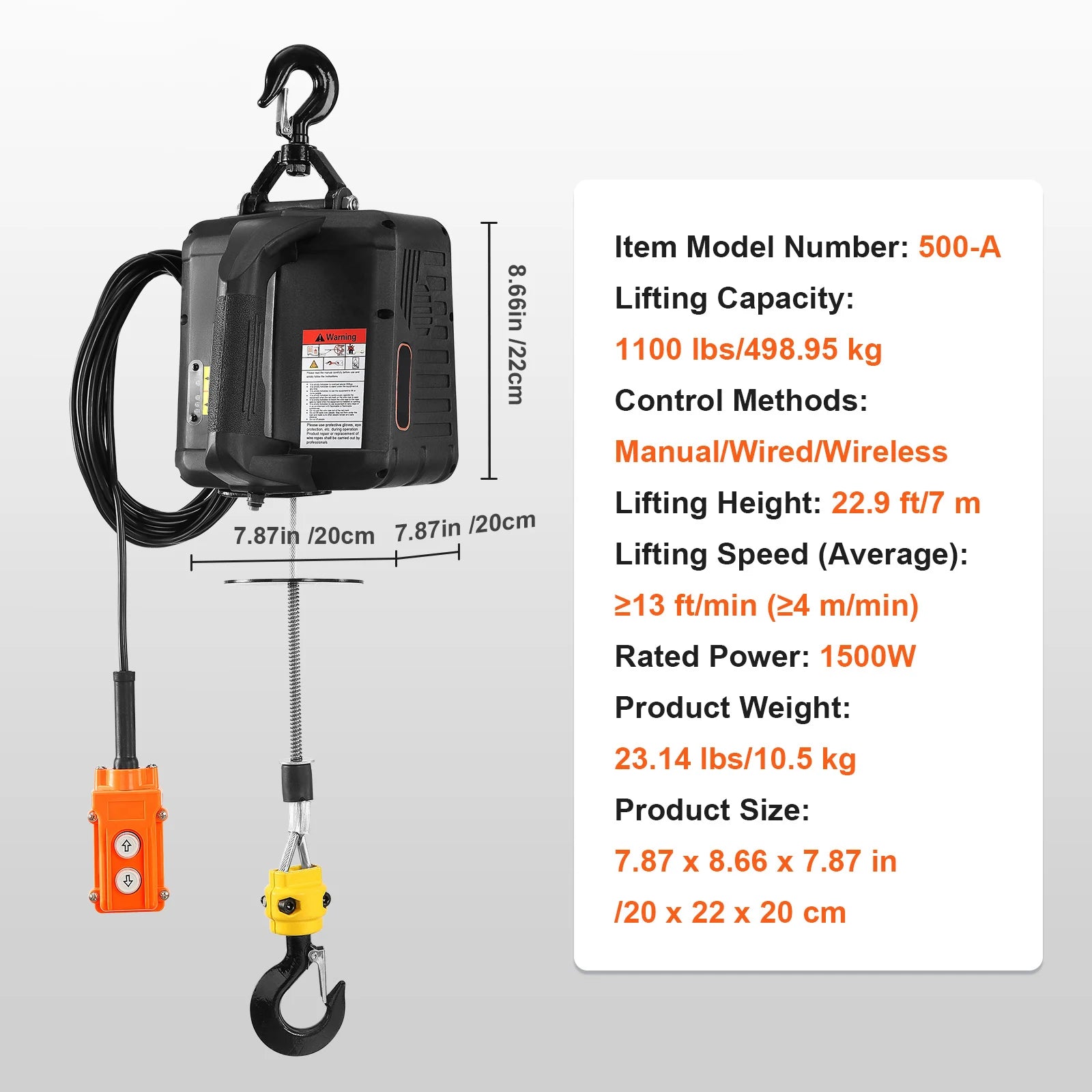 SucceBuy 1100lbs 3-in-1 Electric Hoist Winch Manual/Wired/Wireless 22.9ft Lifting Heigh Overload Protection Portable Power Crane CM World