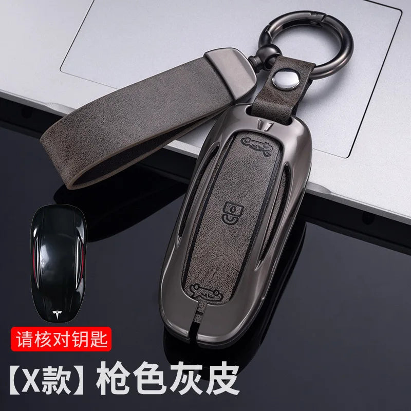 Car Zinc Alloy Leather Key Case Cover Holder For Tesla Model 3 Model S Model Y Model X Protector Keychain Interior Accessories