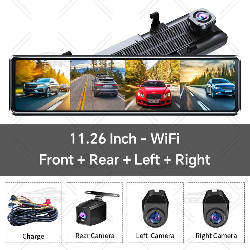 A8 4CH Dash Cam 11.26 Inch 4K WIFI Rear View Mirror 4 Cameras Video Recorder Car DVR Dual Lens ADAS BSD Night Vision 24H Parking