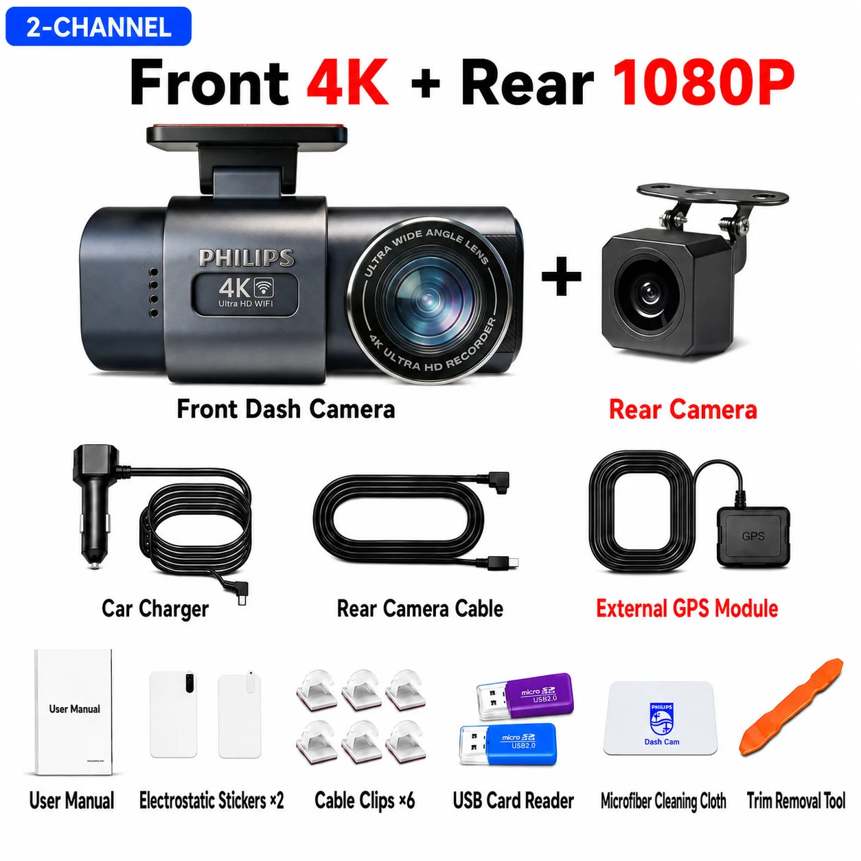 PHILIPS Dash Cam B01 4K+1K HDR Front and Rear Dual Camera 2.4GHz & 5GHz WiFi GPS 24H Parking Monitor Car DVR Video Recorder Car Mobile World