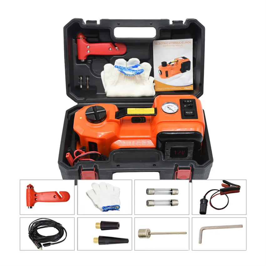 12V 5T Car Electric Hydraulic Floor Jack, Tire Inflator Pump And LED Flashlight 3 In 1 Set With Safe Hammer