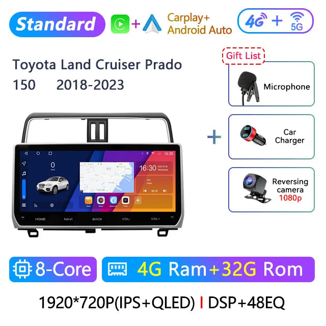 12.3" 2 Din Android Car Radio Multimedia DVD Player For Toyota Land Cruiser Prado 150 2018-2023 Navigation GPS Carplay Head Unit CM World