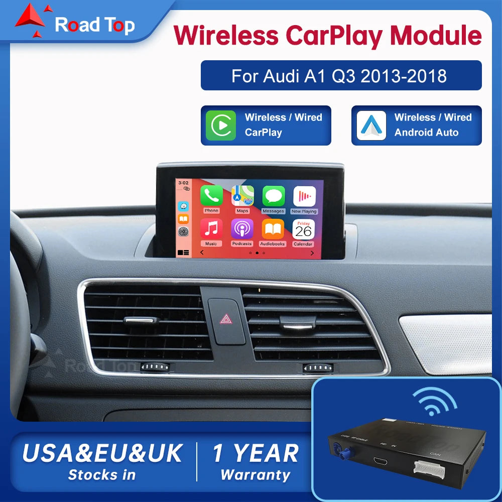 Road Top Wireless Android Auto For Audi Car A1 AT Q3 3G MMI RMC 2013-2018 Carplay Interface Mirror Link Air Play CM World