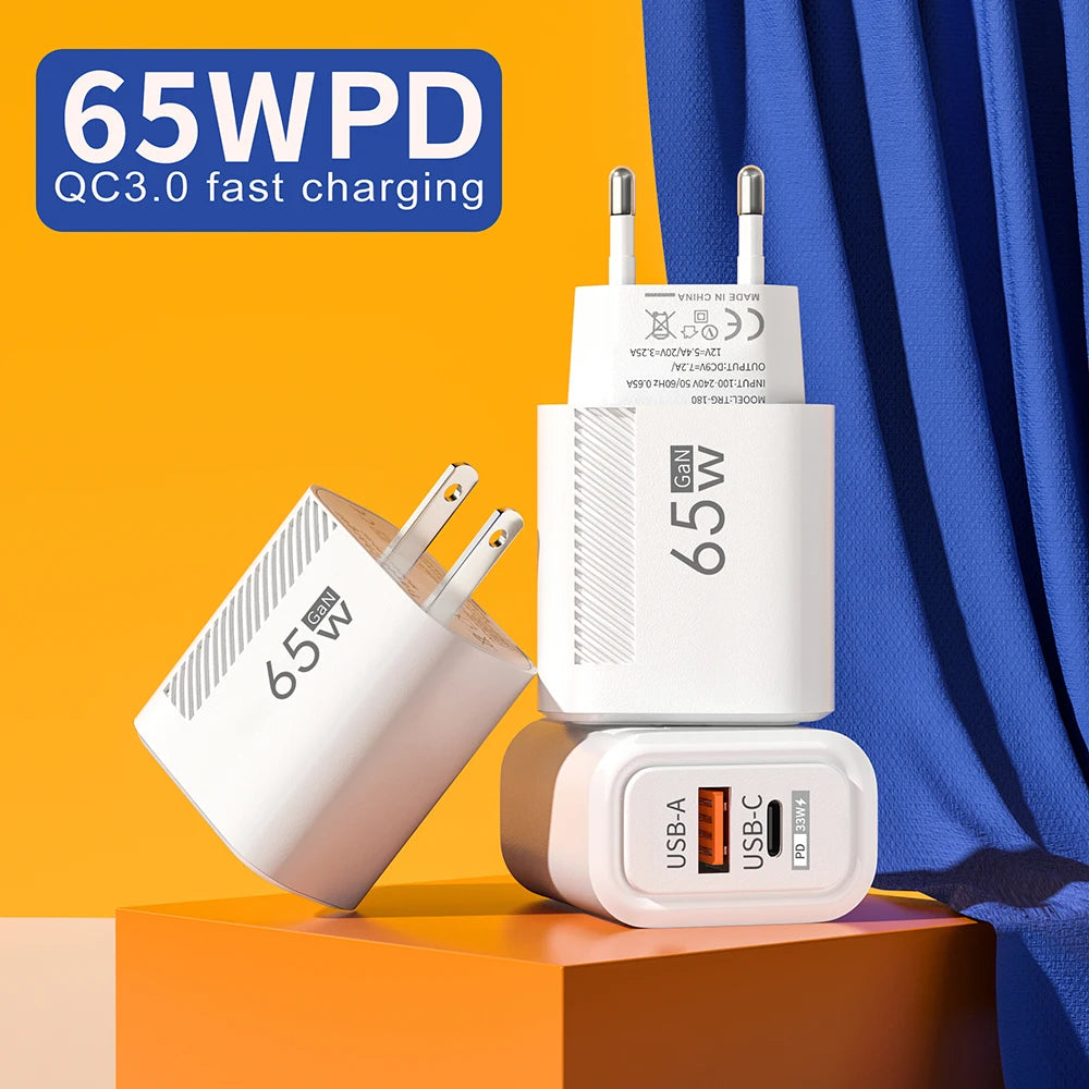 PD 65W GaN Charger USB C Fast Chargering Adapter For Samsung S22 S21 iPhone 14 13 Xiaomi Huawei LG Quick Charge 3.0 USB Charger Car Mobile World