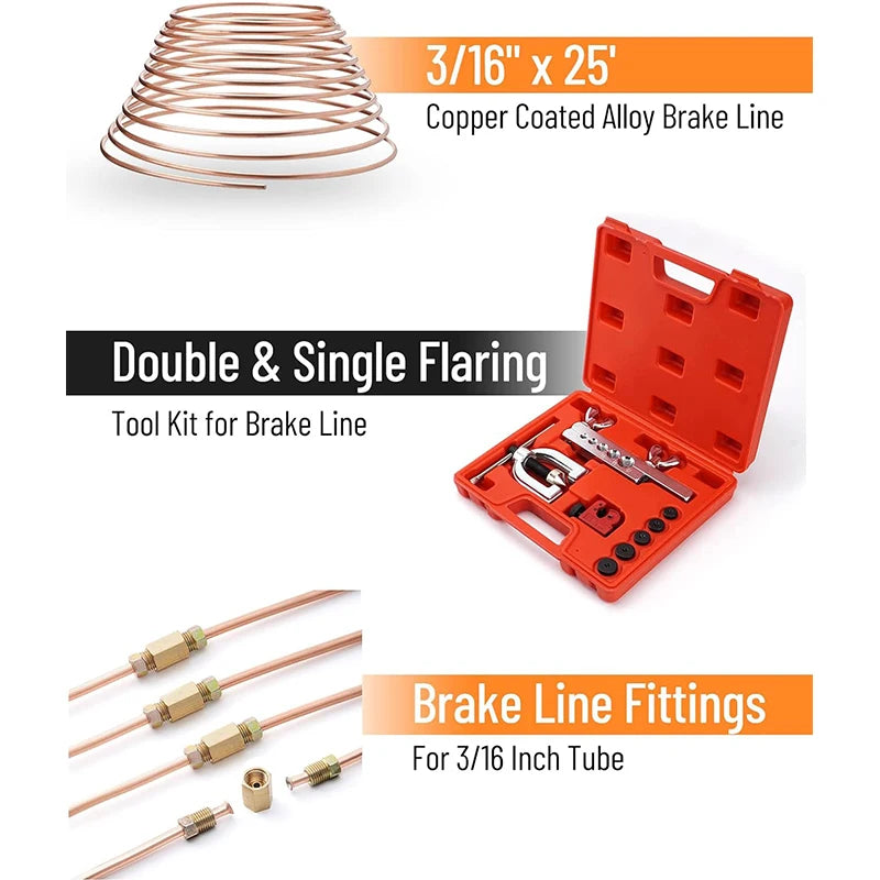 25Ft 3/16'' Brake Line Kit with 16 Fittings and 4 Unions Brake Pipe Fittings,Brake Line Double & Single Flaring Tool Kit CM World