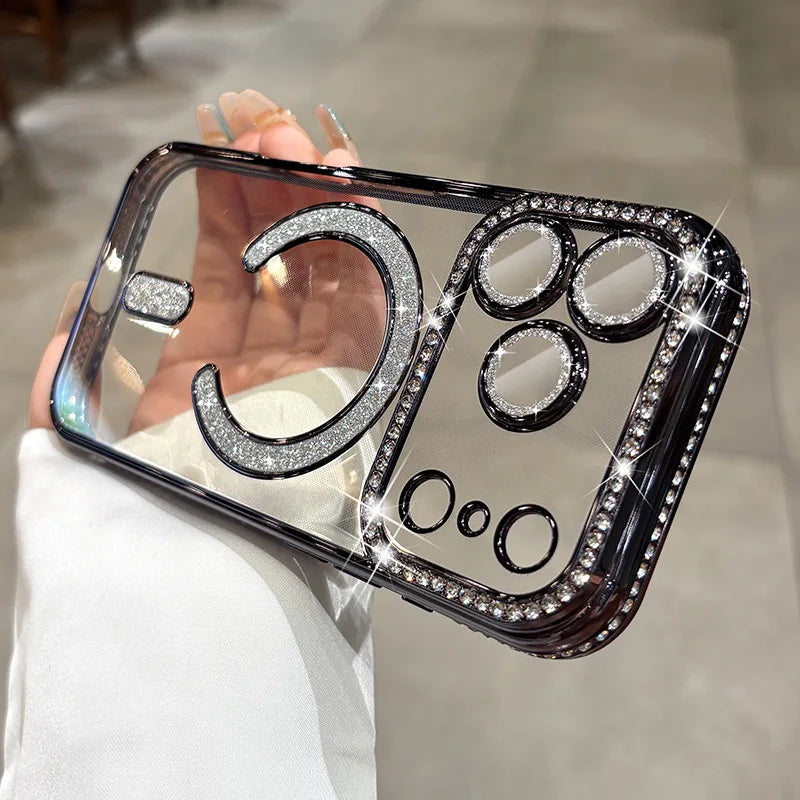 Plating Glitter Rhinestone Diamond Magnetic Phone Case For iPhone 17 Pro Max Air 17Pro For Magsafe Wireless Charging Clear Cover