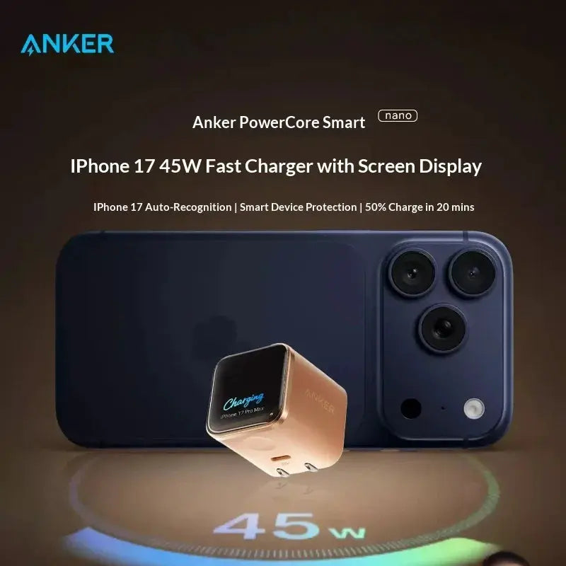 Anker Nano 45w Gan Fast Charger With Ai Display Smart Compatible For Phone 17 Pro Max 16 Pro 15 14 Portable Wall Charger Car Mobile World