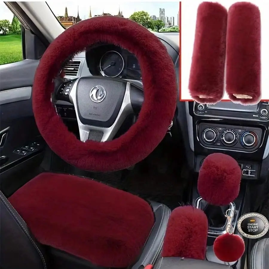 8 Pieces Set Combination Pink Goddess Plush Car Steering Wheel Cover Rex Rabbit Fur Fluffy Steering Wheel Cover