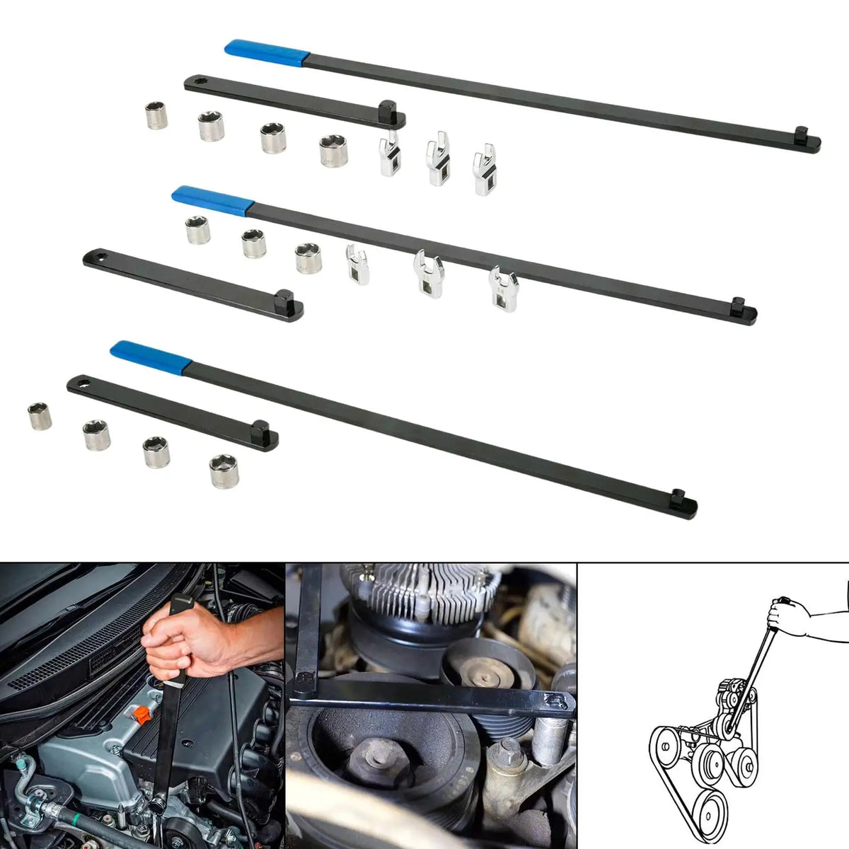Adjustable Engine Belt Tension Setting Tool Pulley Wrench Complete Set for Car Mechanics and DIY