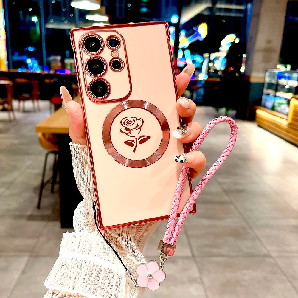 Plating Soft TPU Rose Case For Samsung Galaxy S26 S25 S24 S23 S22 S21 Ultra Plus S25Ultra Magsafe Charge Cover Lanyard Bracelet