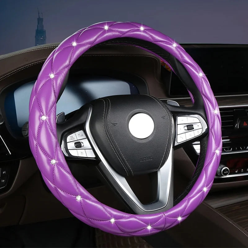 1pc Diamond Leather Shiny Universal Car Steering Wheel Cover 15 Inch - Black White