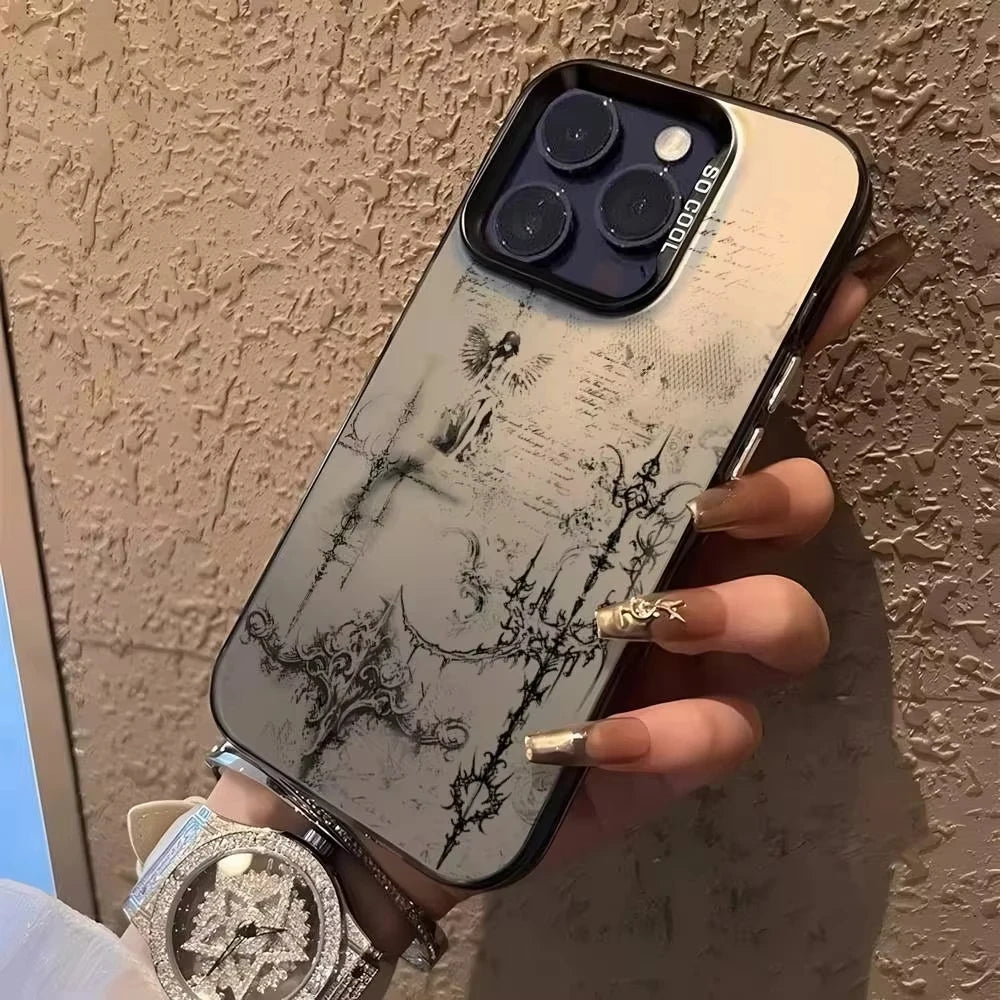 Gothic Cross Angel Pattern Phone Case for iPhone 17 Air 16E 16 15 14 11 Pro Max Plus 13 12 Mini XS 8 7 Shockproof Hard Cover