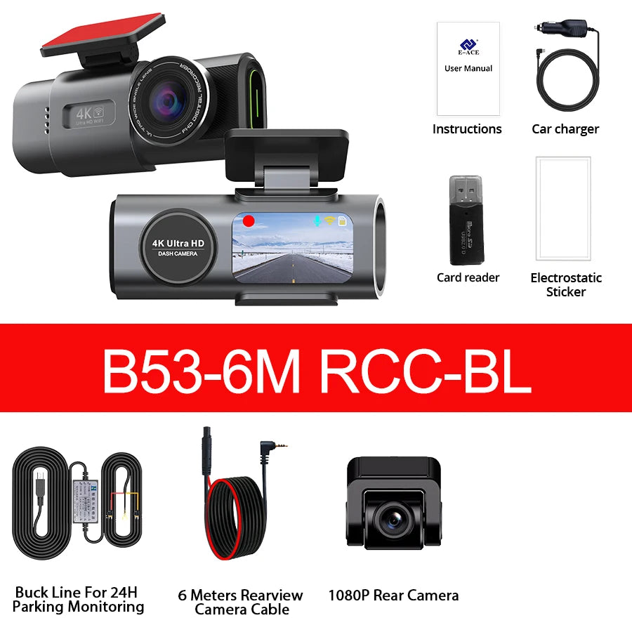 4K Dash Cam Built-in WiFi APP Control HD Night Vision Car Video Recorder Loop Recording G-sensor Car DVR Optional Rear Camera Car Mobile World