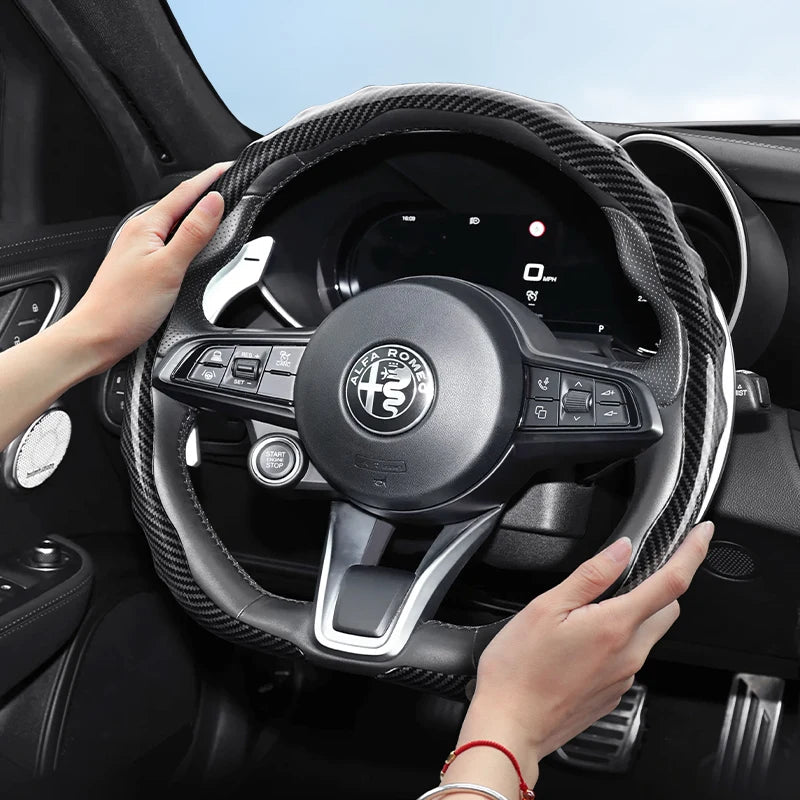 Suitable for Alfa Romeo Carbon Fiber Texture Steering Wheel Cover Snap-On Wave-Shaped Sports Design Protective Case Giulia 952 Stelvio 949 147 Mito Giulietta Tonale 965 Sprint 159 Quadrifoglio Black CM World