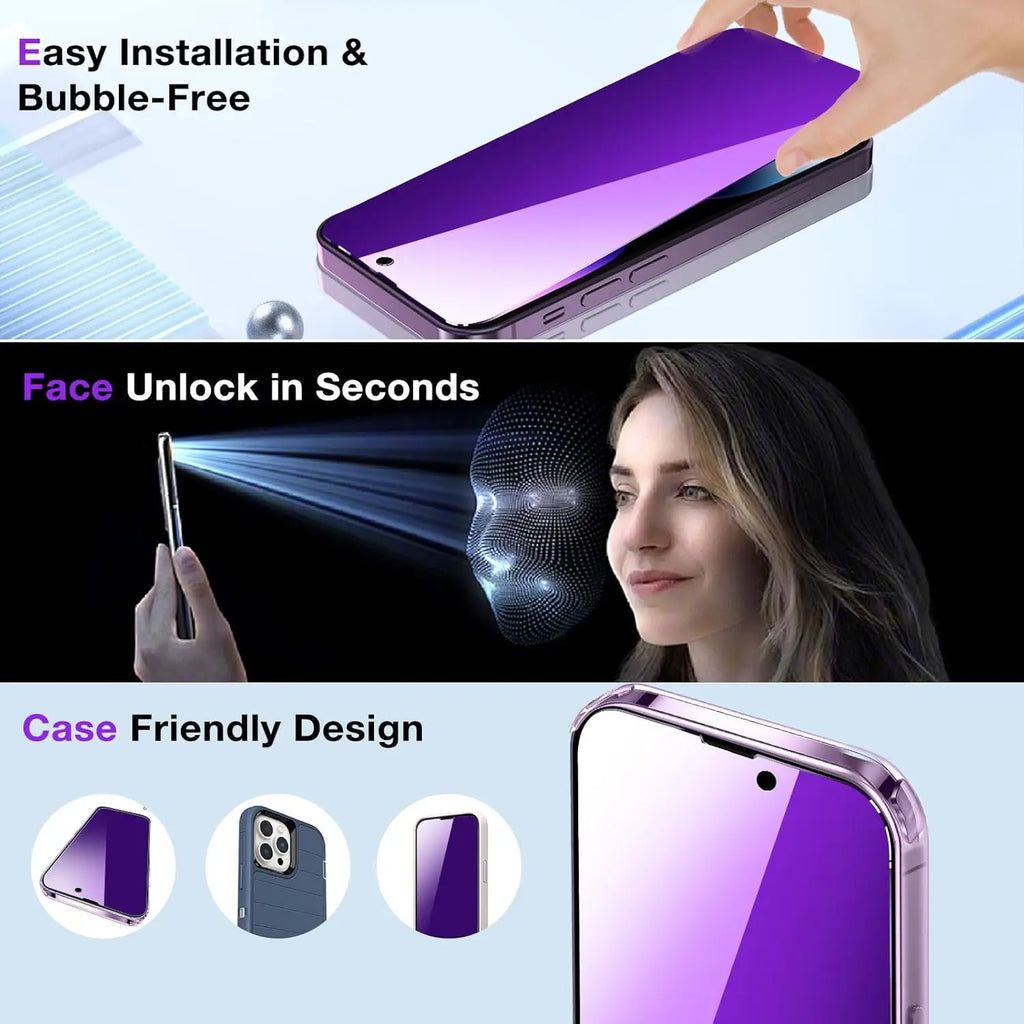 2 Pack Compatible for iPhone 16 15 14 13 12 11 Pro Max Privacy Screen Protector, Purple 9H Tempered Glass Film, Anti Blue Light