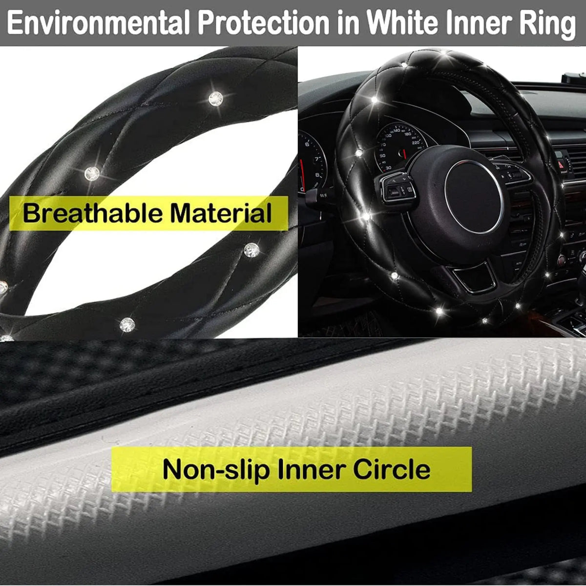 1pc Diamond Leather Shiny Universal Car Steering Wheel Cover 15 Inch - Black White