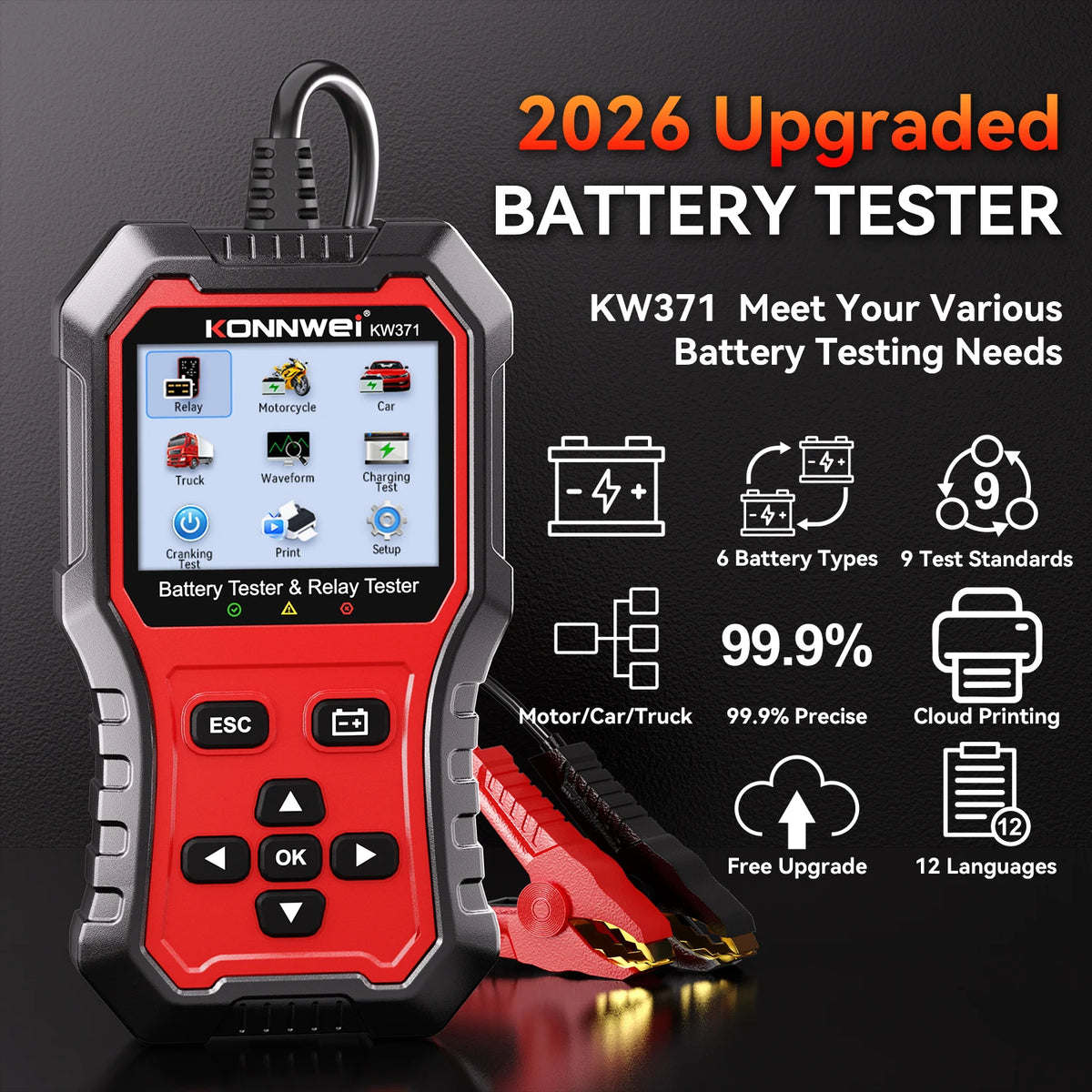 2026 KONNWEI KW371 2in1 Car Battery Tester & 4 Pin 5 Pin Relay Tester 6V 12V 24V Fault Data Print Start Test Charging Scan Tool