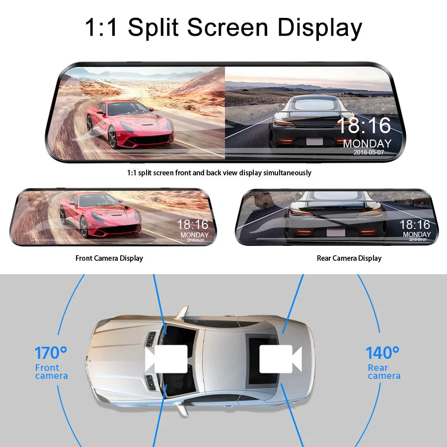 10'' Rearview Mirror Dash Cam Front & Rear 1080P Dual Recording, Backup Camera, 24H Parking Monitor, Night Vision for Cars