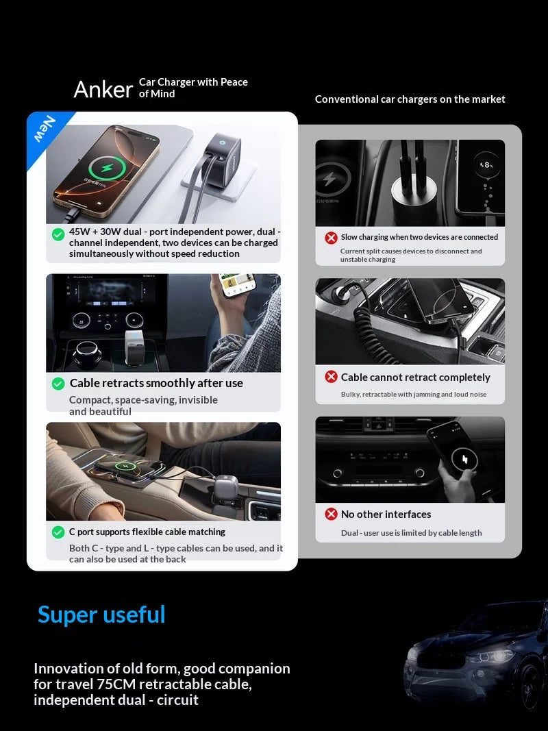 Anker Car Charger 75W Super Fast Charging Retractable Cable Ufcs Cigarette Lighter For Phone Various Types Tablet Laptop