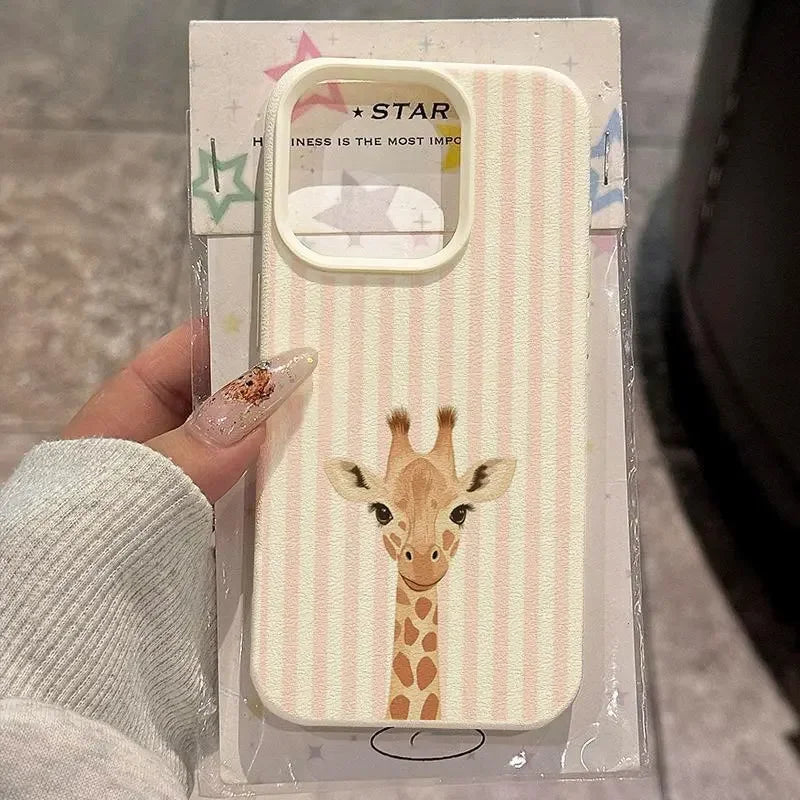 Cute Pink Striped Giraffe Pattern Phone Case For iPhone 17 16 Pro Max 15 14 Plus 13 12 11 Pro Max 17 Air 16E X XR XS Soft Cover