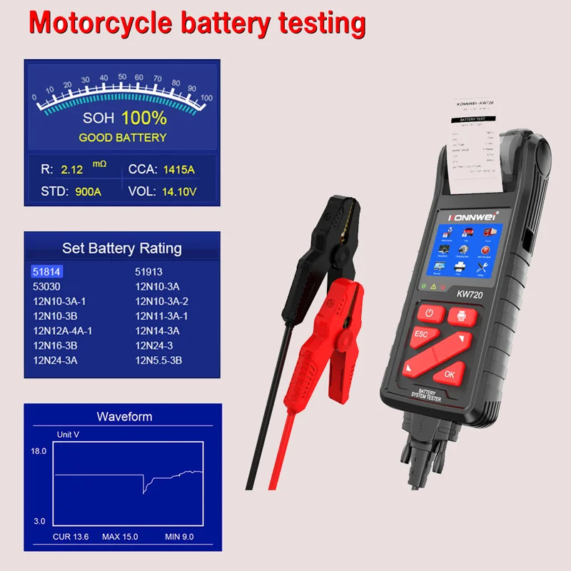 KONNWEI KW720 6V 12V 24V Battery Tester Analyzer Charging Cranking Test Tool for Car Motorcycle Truck with Integrated Printer
