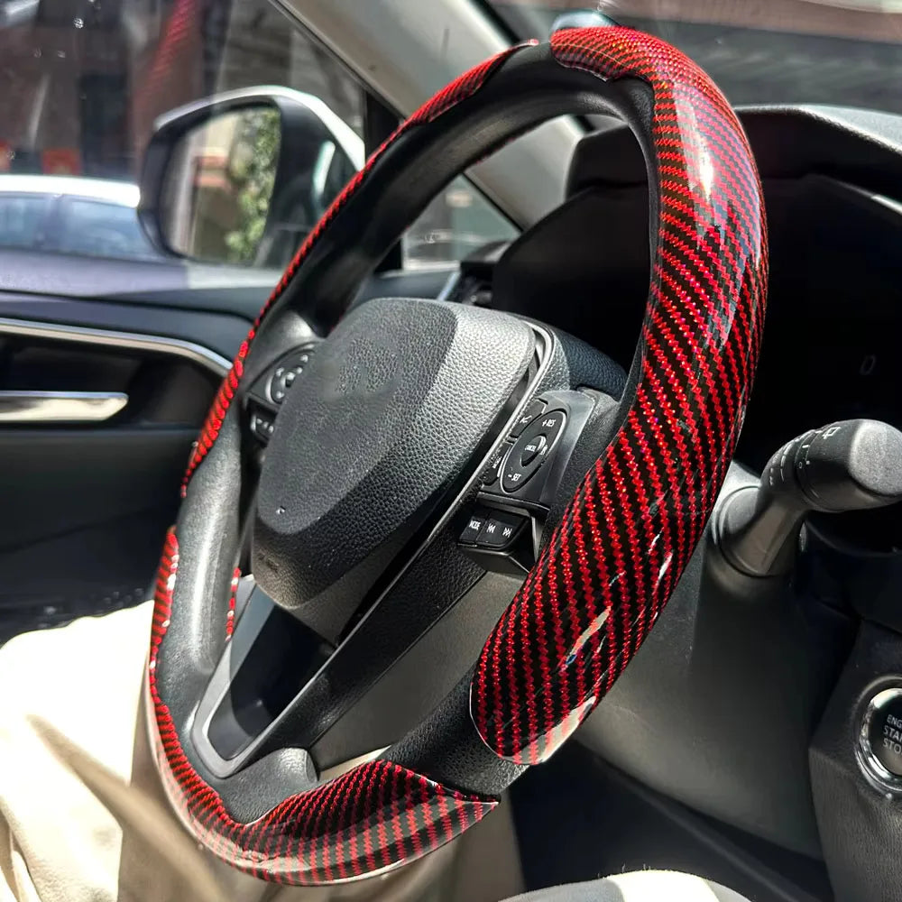 3PCS Laser Carbon Fiber Silicone Car Round Steering Wheel Cover Fiber Leather Wheel Booster Auto Cover Non-Slip Universal parts CM World