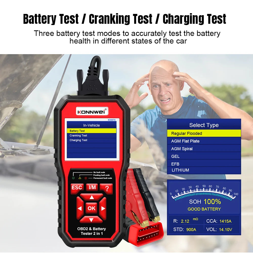 2026 KONNWEI KW870 High-end Car OBD2 Diagnostics Tool 2-in-1 Auto Moto Battery Tester 6V 12V Scanner Cranking Charging Test Tool