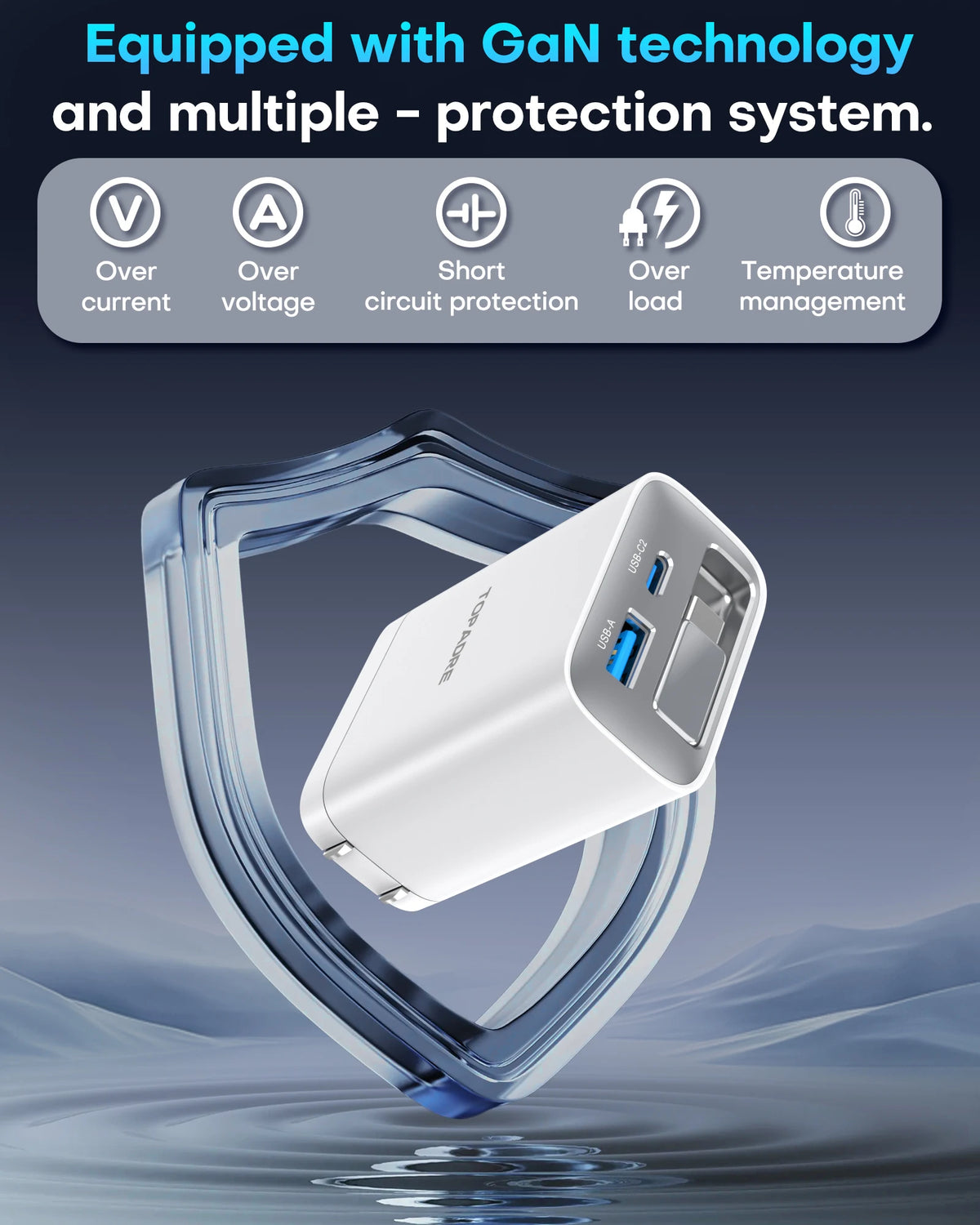 EU plug 65W GaN PD3.1 Fast Charger With Retractable Cable , 3-Port Type-C + USB-A Travel Adapter For IPhone , Laptops, Galaxy