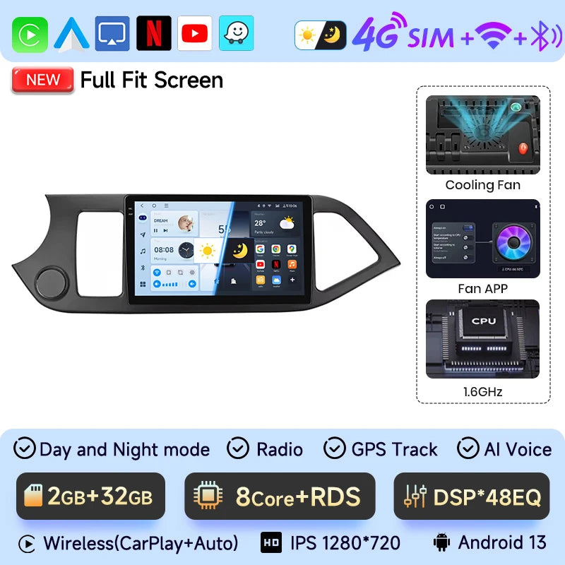 JIUYIN Android 15 Carplay Car Radio Multimidia Video Player For KIA PICANTO Morning  2011-2016 Navigation GPS IPS Head Unit CM World