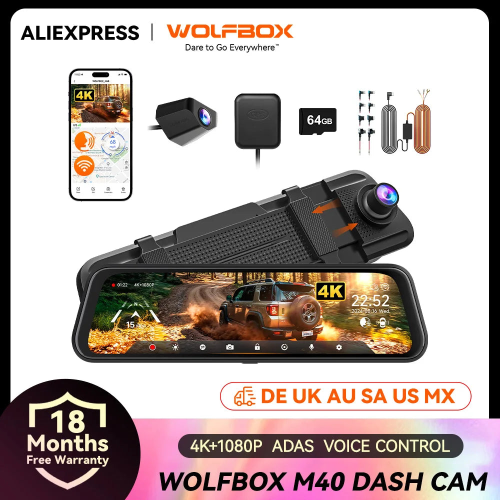 WOLFBOX M40 Dash Cam 4K+1080P With Voice Control ADAS Built in 5GHZ WI-FI and GPS Video Recorder Front and Rear Dash Camera Car Mobile World
