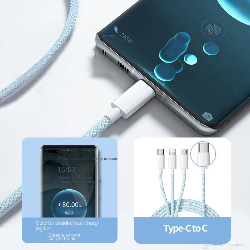 3 In 1 Fast Charging Cable 100W For Xiaomi iPhone Poco Micro USB Type C Charger Cable Cord Multiple Usb C Charging Wire Line