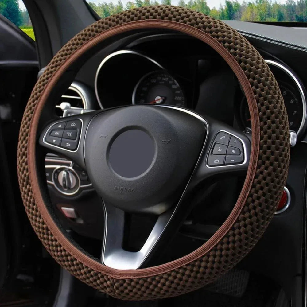 Universal 38cm car steering wheel cover with anti slip and sweat absorbing ring, elastic grip for easy installation and removal