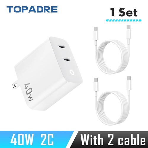 40W 2 Ports USB-C Type-C GaN Fast Charger with Charging Light, Fast Charging Block with 3.3Ft Type-C Charging Cable For IPhone Car Mobile World