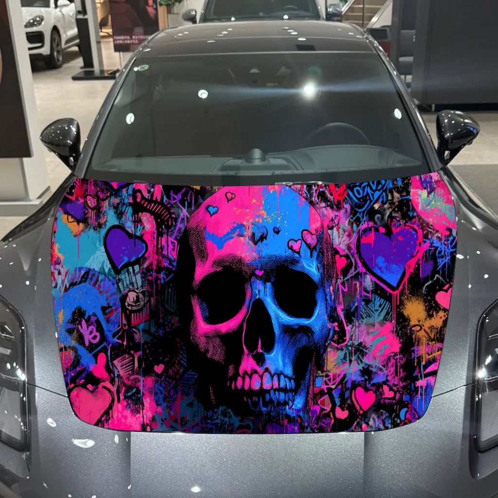 Colorful Graffiti Skull Car Vinyl Wrap, PVC Material Waterproof Car Hood Sticker, Self-Adhesive Scratch-Resistant Stickers for E